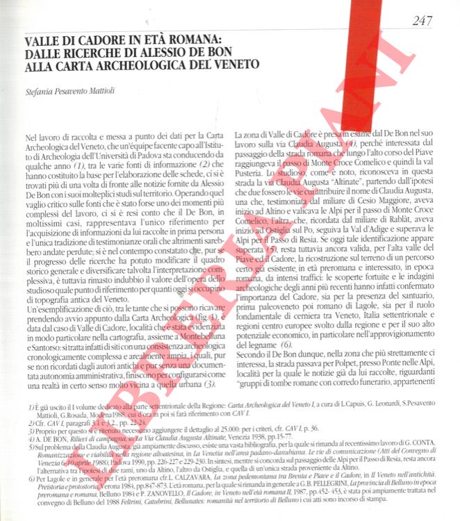 PESAVENTO MATTIOLI Stefania - - Valle di Cadore in et romana: dalle ricerche di Alessio De Bon alla Carta Archeologica del Veneto.