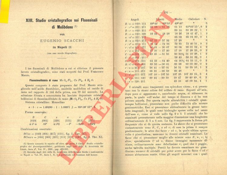 SCACCHI Eugenio - - Studio cristallografico sui Fluossisali di Molibdeno.