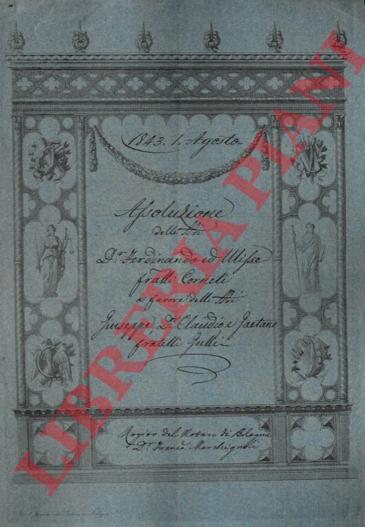 Ferdinando et Ulisse, fratelli Corneti - Claudio et Gaetano, fratelli Gulli. - Assoluzione per un prestito fruttifero e consenso a cancellazione d'ipoteca a garanzia di tale prestito, su una possessione posta in S. Maria in Duno e su di un Prato detto 'Carbonara' in Poggio Renatico.