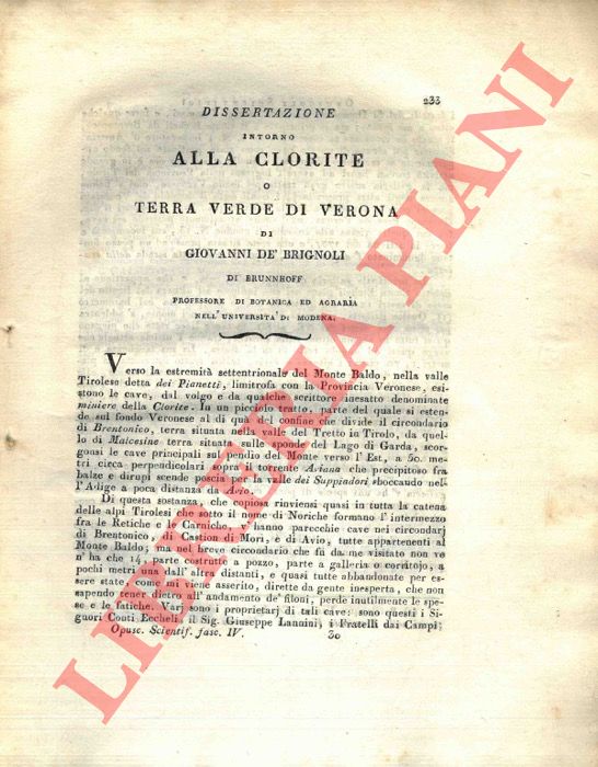 BRIGNOLI Giovanni, de - - Dissertazione intorno alla clorite o terra verde di Verona.