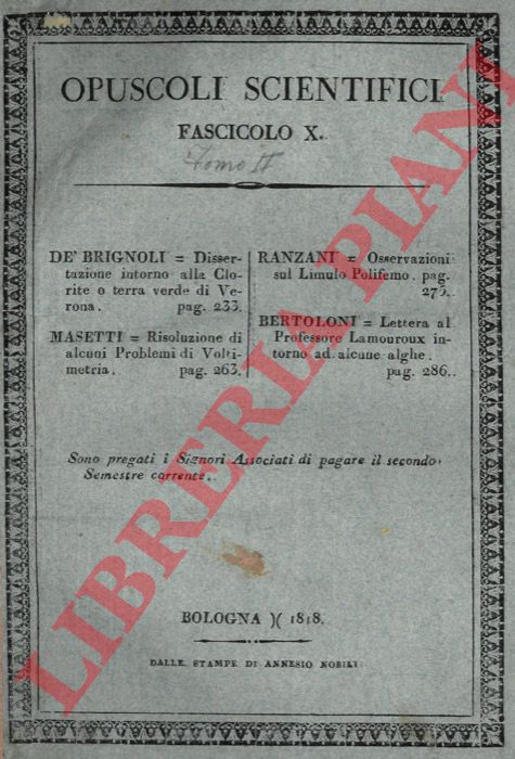 RANZANI Abate Camillo = BERTOLONI Antonio - - Osservazioni sul Limulo polifemo = Lettera al Signor Lamouroux Professore di Storia Naturale nell'Accademia di Caen.