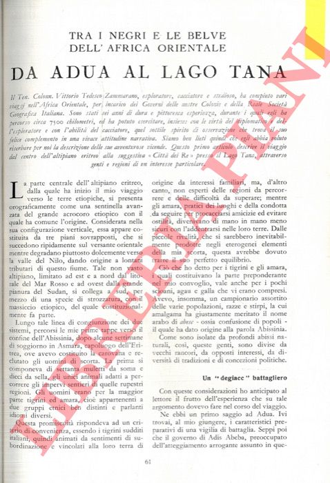 TEDESCO ZAMMARANO Vittorio - - Tra i negri e le belve dell'Africa Orientale. Da Adua al Lago Tana. Dal Lago Tana al Setit.