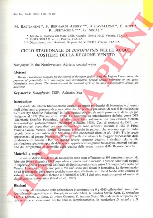 BASTIANINI M. - BERNARDI  AUBRY F. - CAVALLONI B. - ACRI F. - BERTAGGIA R. - SOCAL G. - - Ciclo stagionale di Dynophsis nelle acque costiere della regione Veneto.