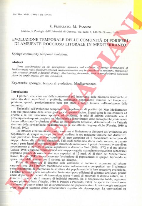 PRONZATO R. - PANSINI M. - - Evoluzione temporale delle comunit di Poriferi di ambiente roccioso litorale in Mediterraneo.