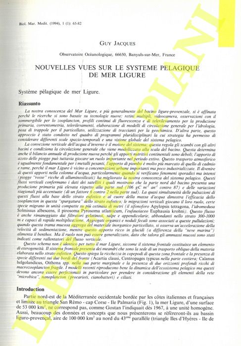 JACQUES Guy - - Nouvelles vues sur le systeme pelagique de Mer Ligure.