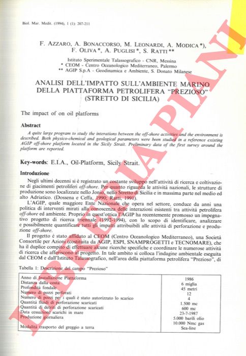 AZZARO F. et AA. - - Analisi dell'impatto sull'ambiente marino della piattaforma petrolifera 'Prezioso' (Stretto di Sicilia).