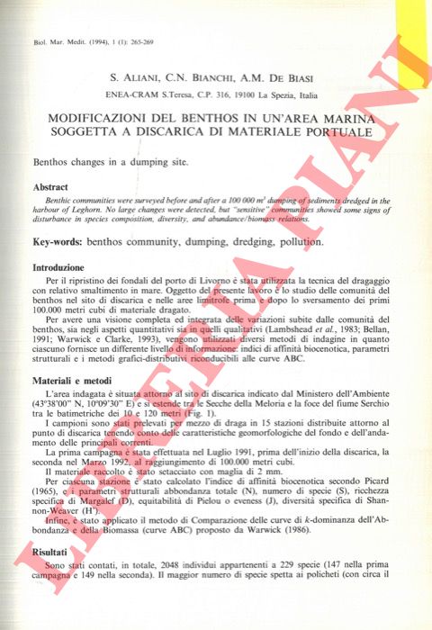 ALIANI S. - BIANCHI C.N. - DE BIASI A.M. - - Modificazioni del benthos in un'area marina soggetta a discarica di materiale portuale.