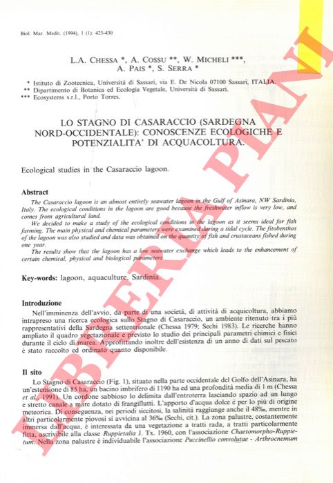 CHESSA L.A. - COSSU A. - MICHELI W. - PAIS A. - SERRA S. - - Lo stagno di Casaraccio (Sardegna nord-occidentale): conoscenze ecologiche e potenzialit di acquacoltura.