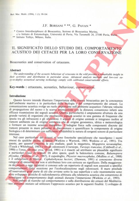 BORSANI J.F. - PAVAN G. - - Il significato dello studio del comportamento acustico dei Cetacei per la loro conservazione.