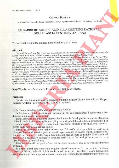 BOMBACE Giovanni - - Le barriere artificiali nella gestione razionale della fascia costiera italiana.