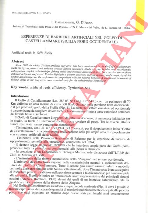 BADALAMENTI F. - D'ANNA G. - - Esperienze di barriere artificiali nel Golfo di Castellammare (Sicilia Nord-occidentale).