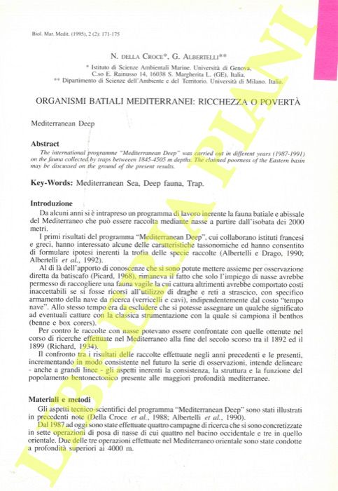 DELLA CROCE N. - ALBERTELLI G. - - Organismi batiali mediterranei: ricchezza o povert.
