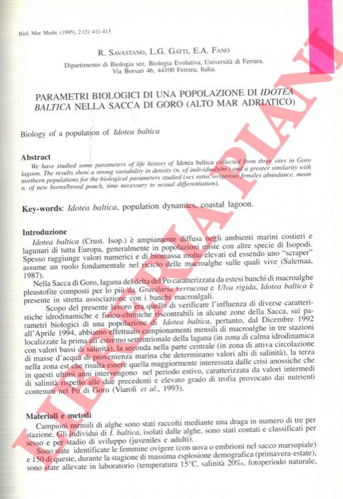 SAVASTANO R. - GATTI L.G. - FANO E.A. - - Parametri biologici di una popolazione di Idotea baltica nella Sacca di Goro (alto Mar Adriatico).