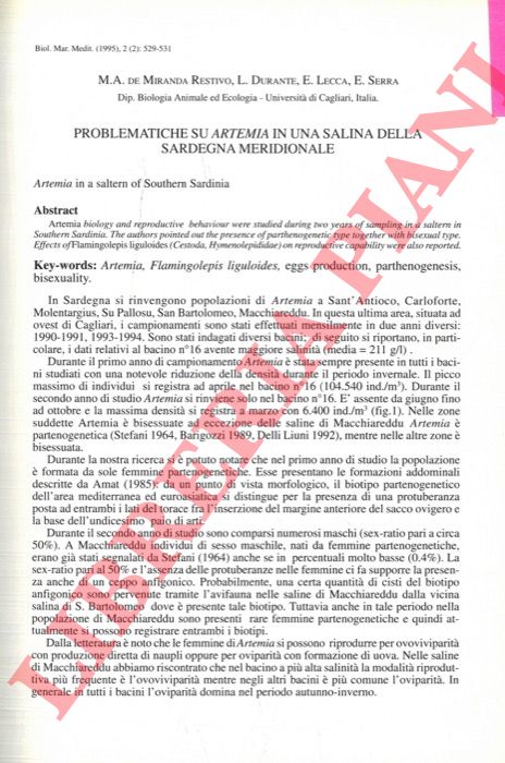 DE MIRANDA RESTIVO M.A. DURANTE L. - LECCA E. - SERRA E. - - Problematiche su Artemia in una salina della Sardegna meridionale.