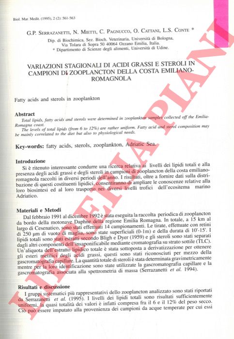 SERRAZANETTI G.P. - MIETTI N. - PAGNUCCO C. -  CATTANI O. - CONTE L.S. - - Variazioni stagionali di acidi grassi e steroli in campioni di zooplancton della costa emiliano-romagnola.