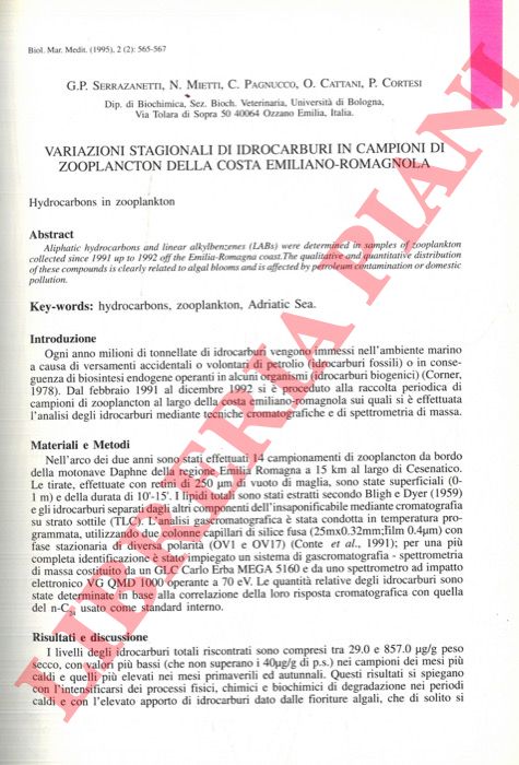 SERRAZANETTI G.P. - MIETTI N. - PAGNUCCO C. - CATTANI O. - CORTESI P. - - Variazioni stagionali di idrocarburi in campioni di zooplancton della costa emiliano-romagnola.