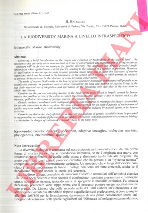 BATTAGLIA B. - - La biodiversit marina a livello intraspecifico.