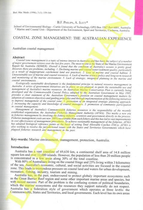 PHILIPS B. F. -  ILETT A. - - Coastal zone management: the australian experience.