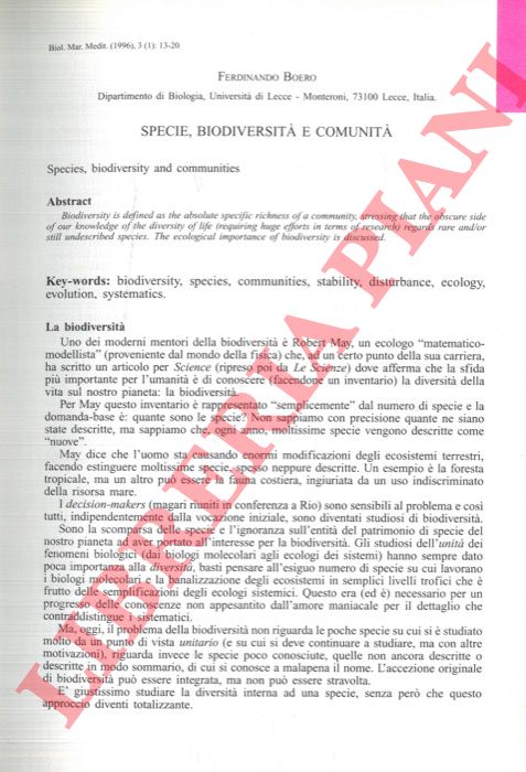BOERO Fernando - - Specie, biodiversit e comunit.