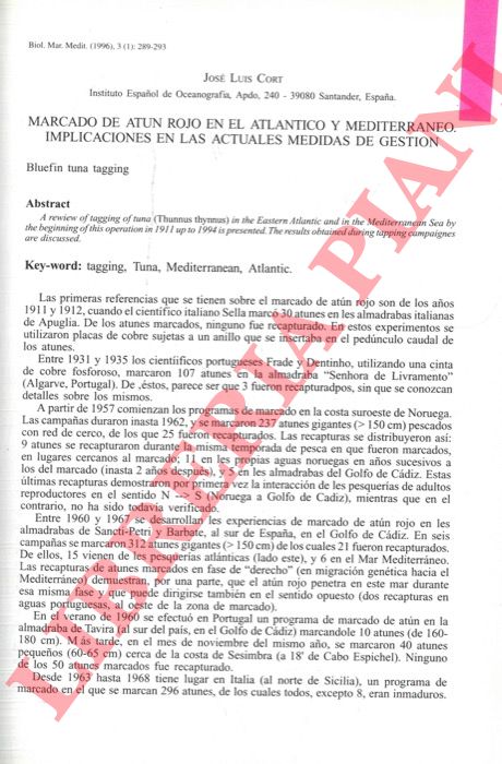 CORT Jos Luis - - Marcado de atun rojo en el Atlantico y Mediterraneo. Implicaciones en las actuales medidas de gestion.