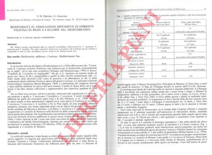 Dl MARTINO V. - GIACCONE G. - - Biodiversit in associazioni dipendenti di epibionti vegetali in prati a Caulerpe nel Mediterraneo.