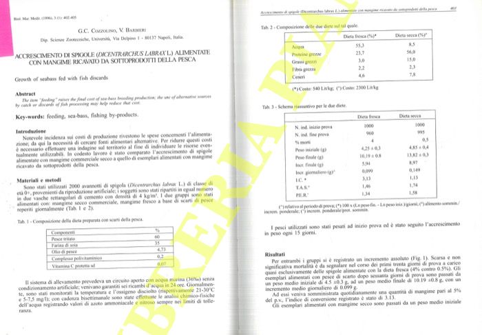 COZZOLINO G. C. - BARBIERI V. - - Accrescimento di spigole (Dicentrarchus labrax L.) alimentate con mangime ricavato da sottoprodotti della pesca.