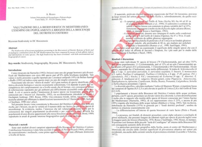 ROSSO A. - - Valutazione della biodiversit in Mediterraneo: l'esempio dei popolamenti a Briozoi della biocenosi del detritico costiero.