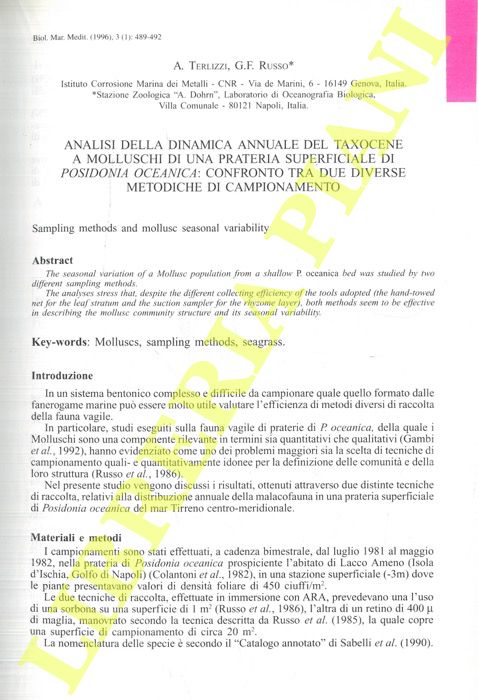 TERLIZZI A. - RUSSO G.F. - - Analisi della dinamica annuale del taxocene a molluschi di una prateria superficiale di Posidonia oceanica: confronto tra due diverse metodiche di campionamento.