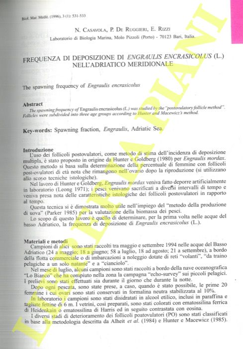 CASAVOLA N. - DE RUGGIERI P. - RIZZI E. - - Frequenza di deposizione di Engraulis encrasicolus (L.) nell' Adriatico Meridionale.