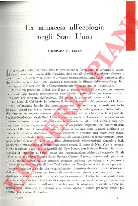 FENIN Giorgio N. - - La minaccia all'ecologia negli Stati Uniti.