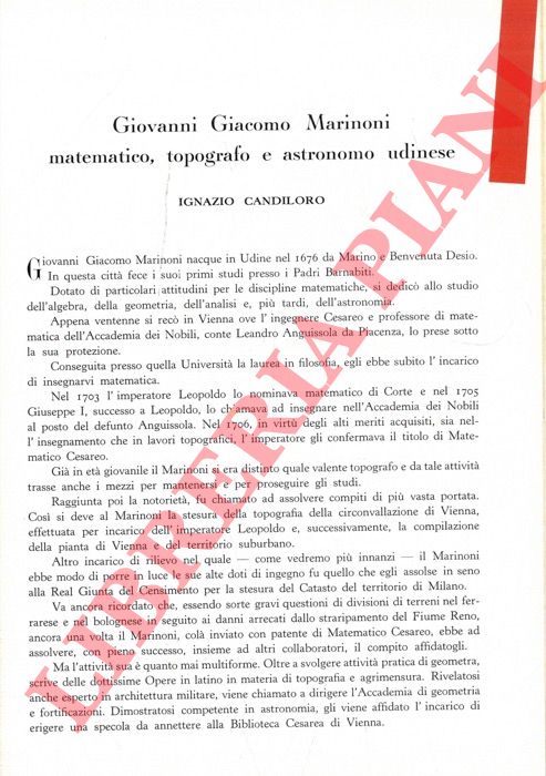 CANDILORO Ignazio - - Giovanni Giacomo Marinoni, matematico, topografo e astronomo udinese.