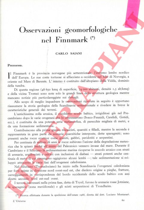 SAIANI Carlo - - Osservazioni geomorfologiche nel Finnemark.