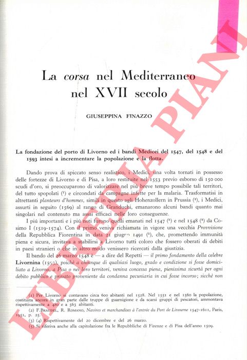 FINAZZO Giuseppina - - La corsa nel Mediterraneo nel XVII secolo.