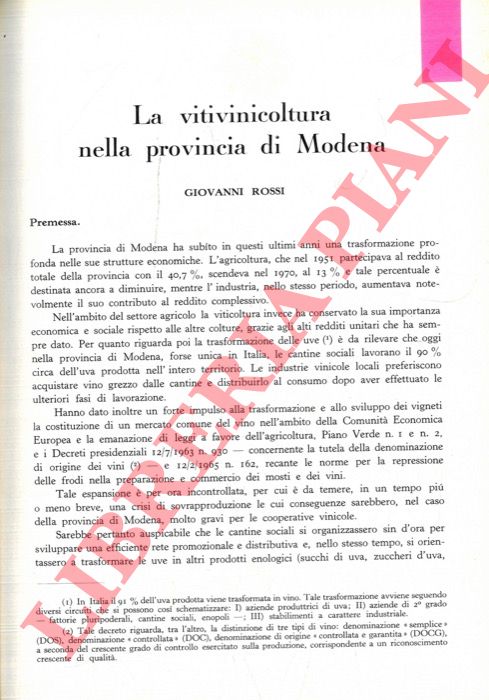 ROSSI Giovanni - - La vitivinicoltura nella provincia di Modena.