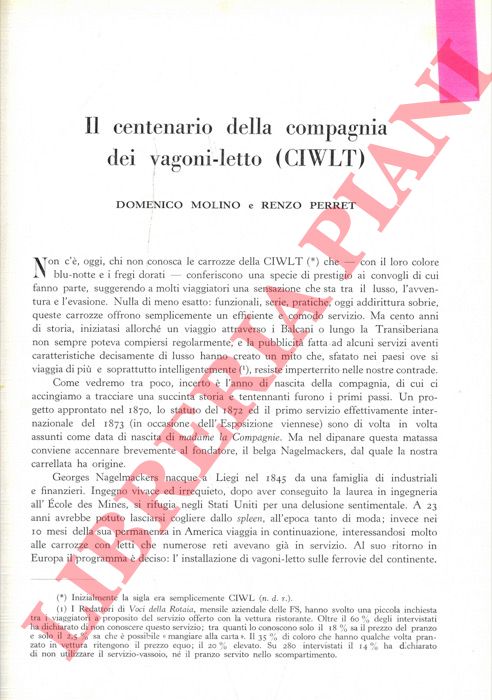 MOLINO Domenico - PERRET Renzo - - Il centenario della Compagnia dei Vagoni Letto (CIWLT).