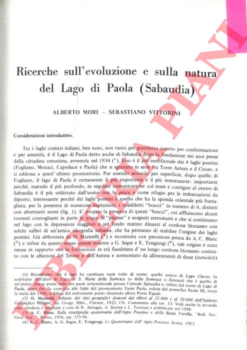 MORI Alberto - VITTORINI Sebastiano - - Ricerche sull'evoluzione e sulla natura del Lago di Paola (Sabaudia).
