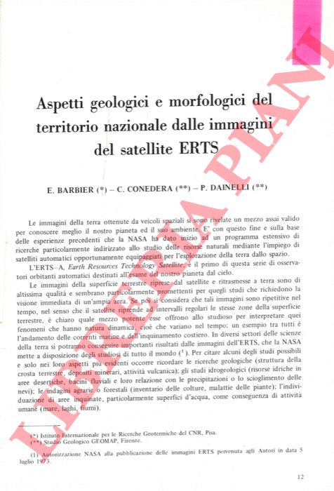 BARBIER Enrico - CONEDERA Carlo - DAINELLI Pietro - - Aspetti geologici e morfologici del territorio nazionale dalle immagini del satellite ERTS.