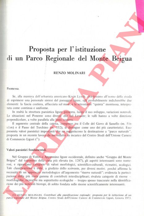 MOLINARI Renzo - - Proposta per l'istituzione di un Parco Regionale del Monte Beigua.