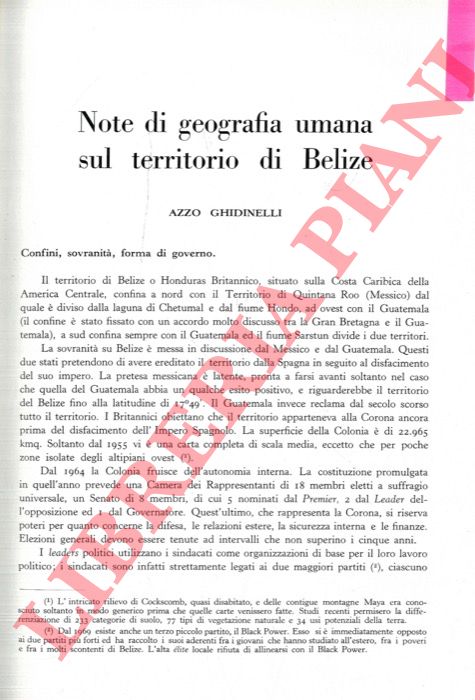 GHIDINELLI Azzo - - Note di geografia umana sul territorio di Belize.