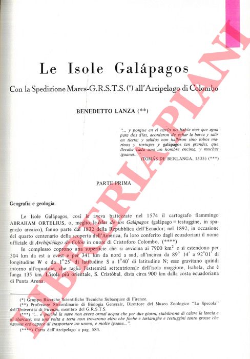 LANZA Benedetto - - Le Isole Galapagos. Con la Spedizione Mares-G.R.S.T.S. all'Arcipelago di Colombo.