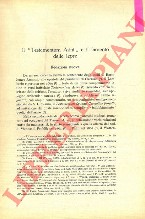 SCALIA Giuseppe - - Il 'Testamentum Asini' e il lamento della lepre.