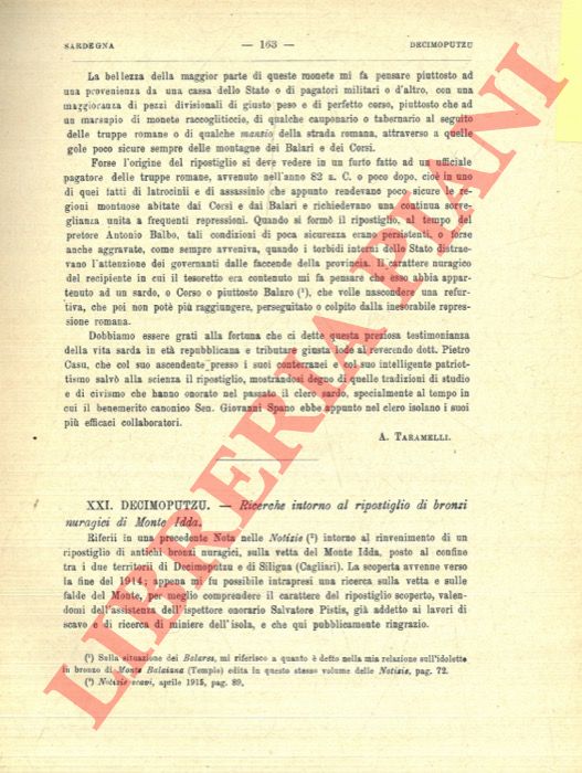 TARAMELLI A. - - Decimoputzu. Ricerche intorno al ripostiglio di bronzi nuragici di Monte Idda.