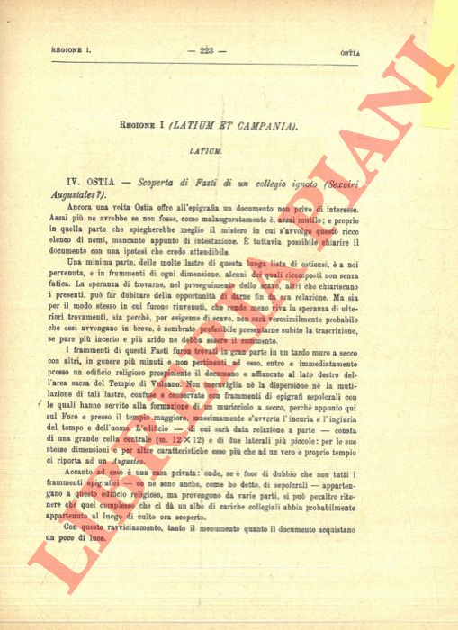 CALZA G. - - Ostia. Scoperta di Fasti di un collegio ignoto (Sexviri Augustales?).