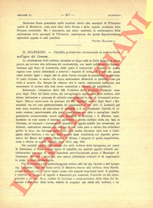 PATRONI G. - - Solferino. Palafitta preistorica riconosciuta in una torbiera nell'agro del Comune.