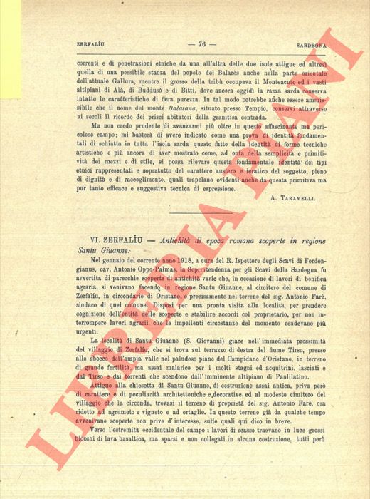 TARAMELLI A. - - Zerfali. Antichit di epoca romana scoperte in regione Santu Giuanne.