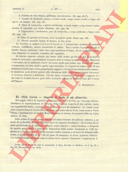 BENDINELLI G. - - Oria. Lecce. Scoperta di tombe di et ellenistica.