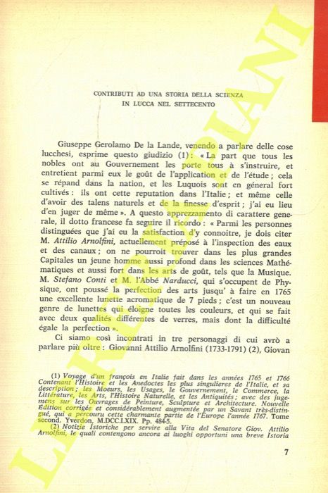 ARRIGHI Gino - - Contributi ad una storia della scienza in Lucca nel settecento.