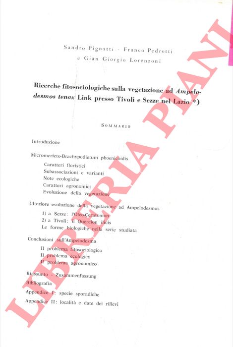 PIGNATTI Sandro - PEDROTTI Franco - LORENZONI Gian Giorgio - - Ricerche fitosociologiche sulla vegetazione ad Ampelodesmos tenax Link presso Tivoli e Sezze nel Lazio.