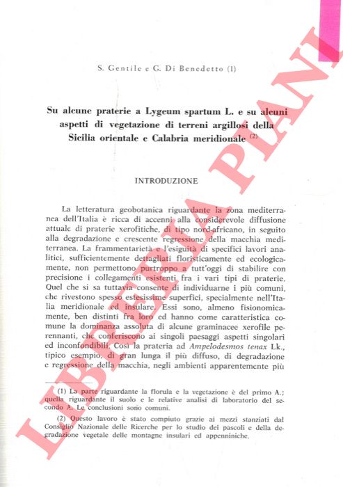GENTILE S. - DI BENEDETTO G. - - Su alcune praterie a Lygeum spartum L. e su alcuni aspetti di vegetazione di terreni argillosi della Sicilia orientale e Calabria meridionale.