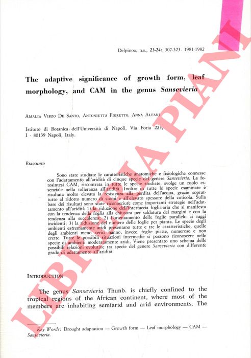 DE SANTO VIRZO Amalia - FIORETTO Antonietta - ALFANI Anna - - The adaptive significance of growth form, leaf morphology, and CAM in the genus Sansevieria.